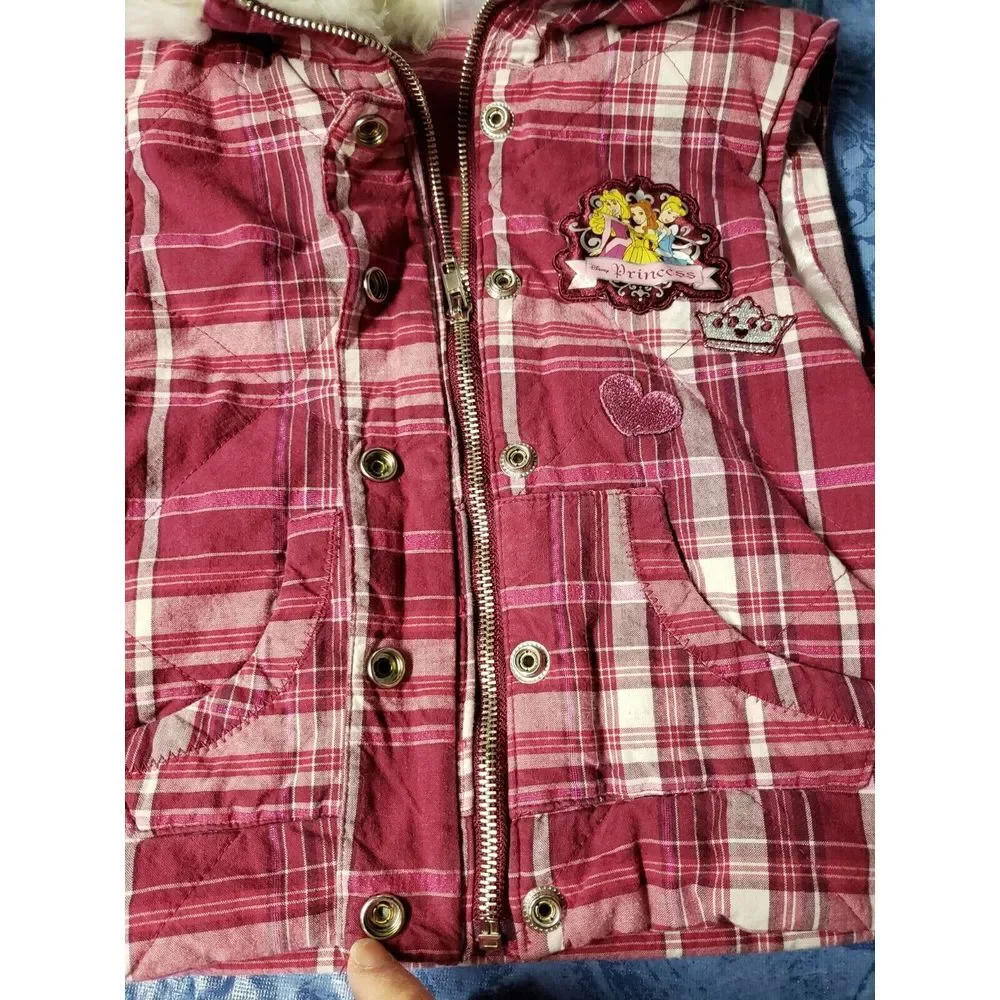 Disney Princess store girl plaid vest, embroidered/ cotton, faux fur collar, 5/6